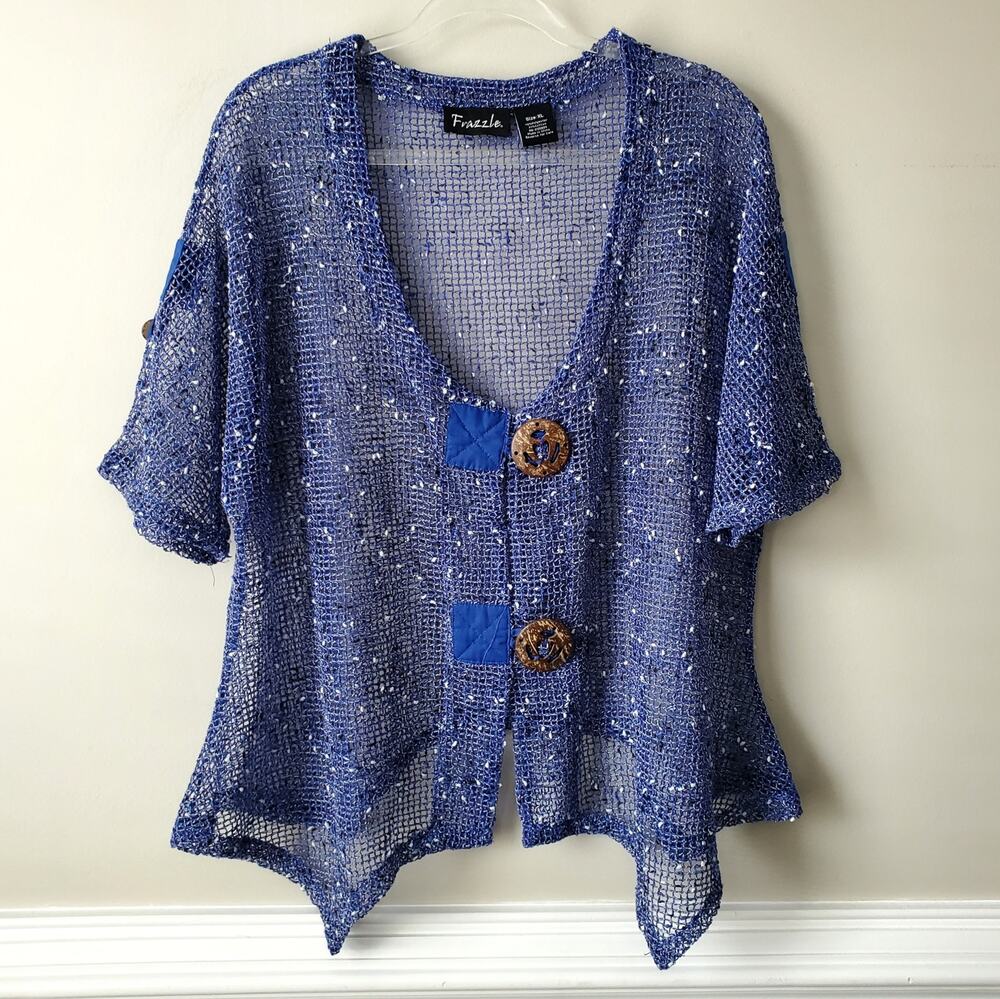 Women Blue Frazzle Fishnet Mesh Button Cardigan XL Lagenlook Artsy Layered